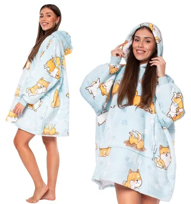 Zdjęcie produktu dla Koc Hoodie Kocobluza 2w1 Oversize z kapturem Gruba sherpa Jasnoniebieski z psami