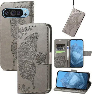 Produktbild von Für Google Pixel 9 / 9 Pro Kunstleder Wallet Handy Tasche Schmetterling Design Hülle Etuis Grau