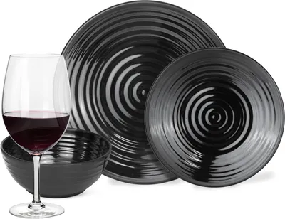 Produktbild von Melamin Camping Geschirr Set 4 Personen Stone Dark Black + 4 Timo Rotwein Gläser Rot Weingläser Tafelgeschirr Picknick BBQ Kochgeschirr