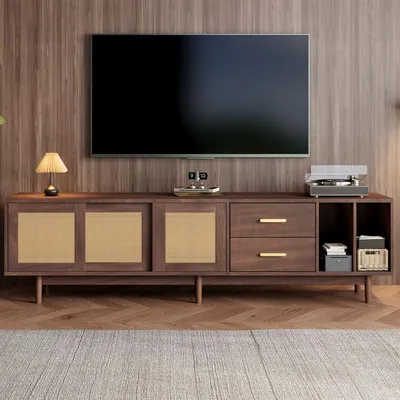 Image de Armoire de stockage Sweiko 190 x 40 x 52 cm, armoire TV Lowboard avec tiroirs, support TV en rotin brun MDF, design avec 6 pieds de support, armoire de stockage multifonctionnelle de salon,TV 75 pouces