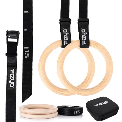 Obrázok produktu pre FIZYO Gymnastické kruhy – Pevné drevené kruhy na cvičenie + popruhy, kufrík, nosnosť: 300 kg, 2 ks
