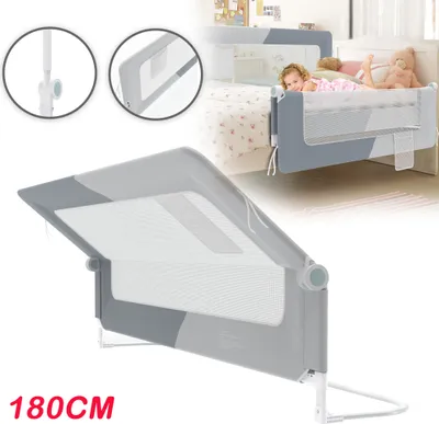 Image de LARS360 Barrière de sécurité pliable 180cm, pivotant à 180 degrés, pour jeunes enfants, réglable en hauteur, filet aéré, pour lit d'enfant, gris foncé et gris clair