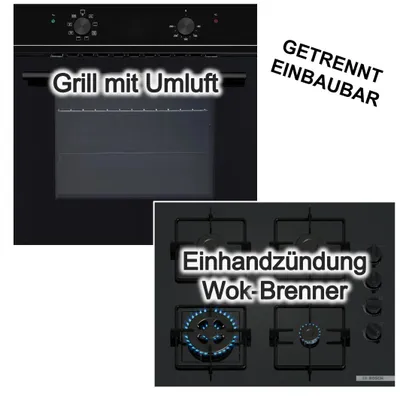 Produktbild von Herdset Einbaubackofen ECO dreifachverglaste Tür + Bosch Gaskochfeld Wokbrenner Zündsicherung