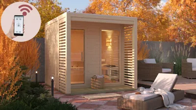 Produktbild von Karibu Saunahaus Außensauna Gartensauna Außensauna ANGKOR 2 naturbelassen 231 x 276 cm inkl. 9kw Ofen finnisch und HUUM WIFI Steuergerät Sparset 38mm Wandstärke