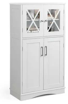 Image de Armoire de salle de bain à 5 étagères avec portes en verre, blanche, dimensions : 60 x 30 x 108 cm