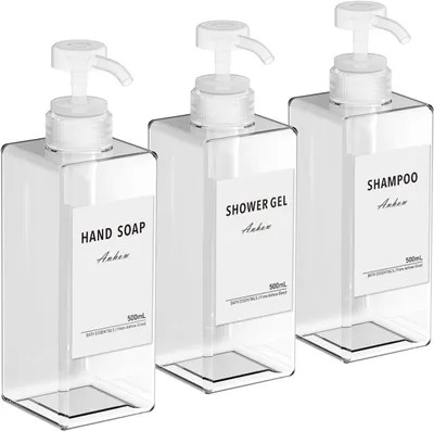 Produktbild von Seifenspender 3-teilig, transparent, 500 ml, mit Etiketten, für Küche und Bad
