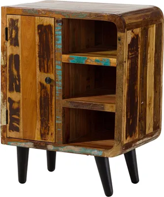 A rustic wooden cabinet with a door and open shelves, mounted on four angled legs.