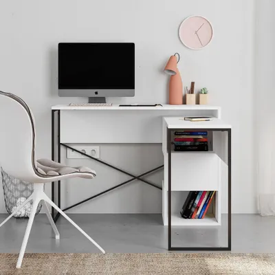 Immagine prodotto di Scrivania salvaspazio espandibile Badau bianco con struttura in metallo nero – Funzionalità e Stile