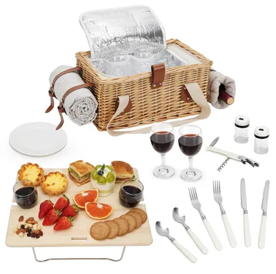 Produktbild von Picknickkorb-Set für 2 Personen mit Klapptisch, Kühltasche & Besteck, Weidenkorb mit Henkel, Weißer Blume