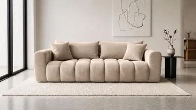 Zdjęcie produktu dla Sofa z funkcją spania i pojemnikiem, tkanina welurowa Bluvel, Kremowy, COSMOPOLITAN
