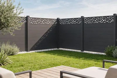Produktbild von Set mit 2 RUIVO 1,9 m halboffenen Aluminiumzäunen, 170 cm hoch, Grau