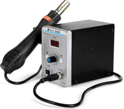 Obrázok produktu pre 858D Teplovzdušná pištoľ 700 W 220 V s LED displejom, regulácia teploty 100-450 °C, bezkefkový guľový ventilátor, nastaviteľný prietok vzduchu na opravy SMD/SMT