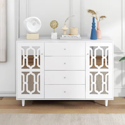 Produktbild von Kommode – Sideboard – Aufbewahrungsschrank – Schubladenschrank – Weiße Spiegelüren – Kristallgriffe – 147,5 x 40 x 102 cm