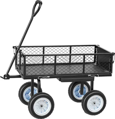 Produktbild von SucceBuy Faltbarer Bollerwagen mit 226,8 kg Tragkraft, Gartenwagen mit Sitz und PolyurethanRädern, Transportwagen mit Werkzeugablage und verstellbarem Griff, ideal für Rasen, Terrasse und Garten, Schwarz