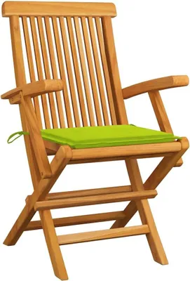 Produktbild von 6 klappbare Gartenstühle aus massivem Teakholz mit hellgrünen Kissen für Terrasse und Garten, belastbar bis 110 kg je Sitzplatz