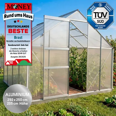 Produktbild von BRAST Gewächshaus Aluminium mit Fundament | 250x250x205cm | 6mm Hohlkammerplatten | rostfrei wetterfest temperaturbeständig | Silber
