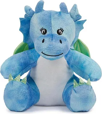 A stuffed toy dragon is shown from the front against a white background.