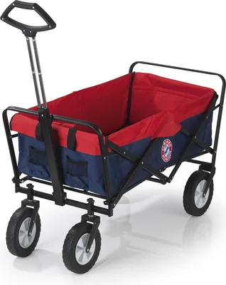 A red and blue collapsible wagon with a black frame and handle, shown against a white background.