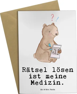 Produktbild von Mr. & Mrs. Panda Klappkarte Bär Rätsel lösen - Weiß - Geschenk, Knobeln, weihnachtskarten, Gedächtnissport, Glückwunschkarte, Kreuzworträtsel, einladungskarten, Grußkarte