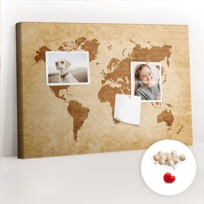 Immagine prodotto di Lavagna in sughero con puntine - Pannello con puntine per foto e appunti - 60x40 cm - Spille di legno, 100 pezzi - Mappa del mondo in stile vintage