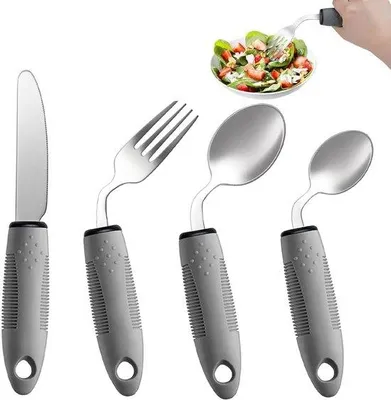 Produktbild von Ergonomisches Besteck 4-teilig - Gebogenes Besteck 42° - Adaptives Essbesteck mit verdicktem Griff - Griffbesteck für Senioren - Linkshänder