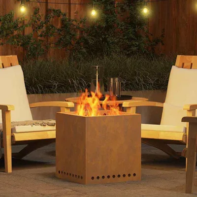 Image de Brasero - Cheminée d'extérieur pour terrasse et jardin - Acier résistant aux intempéries - Marron - 48x48x50 cm