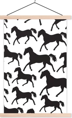 Produktbild von MuchoWow® Textilposter Pferde - Weiß - Silhouette - Mädchen - Kinder - Mädchen 60x90 cm mit holzfarbenen Rahmen - Textil