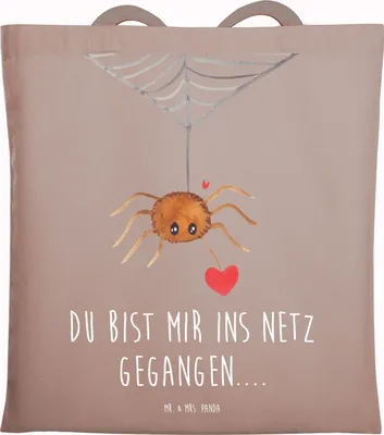 Produktbild von Mr. & Mrs. Panda Einkaufstasche Spinne Agathe Liebe - Braun Pastell - Geschenk, Shopping Tasche, Stoffbeutel, Laptoptasche, canvas, Tote Bag, Liebesbeweis, Liebesgeschenk