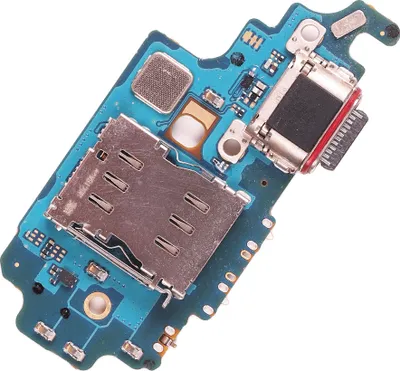 A close-up view of a smartphone's charging port and SIM card tray assembly on a blue circuit board, isolated on a white background.
