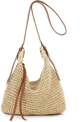 Produktbild von Ibenzoa® Raffia Schultertasche für Damen – leichte Strohtasche 36×25×2 cm, verstellbarer 93 cm Riemen, Boho Crossbody für Strand & Urlaub