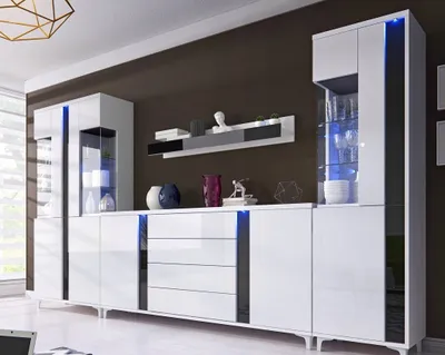 Produktbild von Wandschrank Marco 6 Wohnzimmermöbel Set + Led (Weiss/Schwarz)