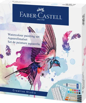 Immagine prodotto di Faber-Castell 169618 - Set di colori ad acquerello 18 pezzi, con 12 tubetti di colore, 4 pennelli per acquerello, tavolozza di miscelazione e stencil