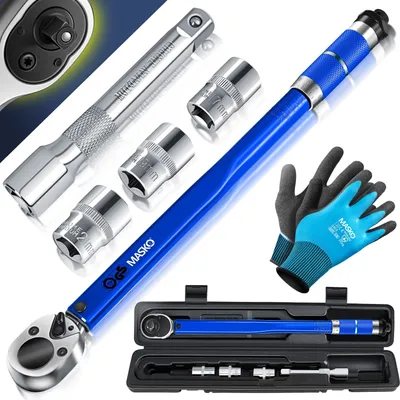 Produktbild von MASKO® Drehmomentschlüssel 6tlg. Set 40-210Nm 1/2 ' CV inkl. 3 Stecknüssen 17mm, 19mm, 21mm  und Verlängerung 125mm  inkl. Koffer +/- 4% Toleranz  Reifenschlüssel Auto Drehmoment-Schlüssel
