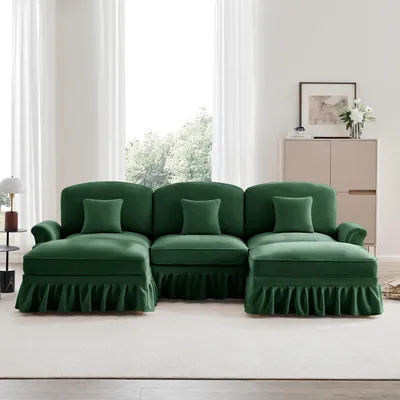 Produktbild von Klassisches modulares U-förmiges Sofa aus Chenille mit Trichter-Armlehnen, abnehmbarer Rüschenschürze, spindelförmigen Beinen & beweglichem Hocker – Weiches, tiefes Cloud-Sofa fürs Wohnzimmer,Grün
