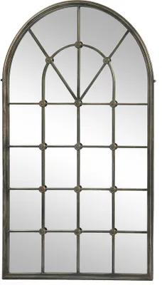A mirror designed to look like an arched window with multiple panes.