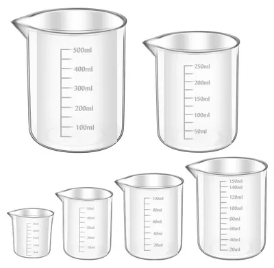 Obrázok produktu pre Sada odmerných pohárov, 6 kusov, plast, odolné voči teplu, objem 25 ml – 500 ml, s odmernou stupnicou, vhodné do laboratória a kuchyne