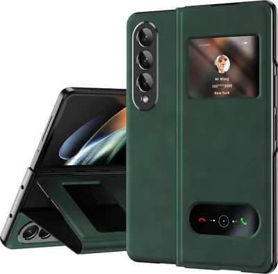 Immagine prodotto di Custodia sottile in pelle flip per Samsung Galaxy Z Fold 4 5G, con finestra di visualizzazione e funzione stand verde