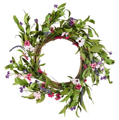 Produktbild von VEVOR Künstlicher Dekorationskranz, 23 Zoll, Blau Weiß Grün, dekoriert mit Hortensien, Rosen, Beeren, Ranken, ganzjähriger Kranz für alle Jahreszeiten, Innen- und Außendekoration für Zuhause, Wand- und Fensterfestdekoration, 55.9 cm, Gänseblümchen