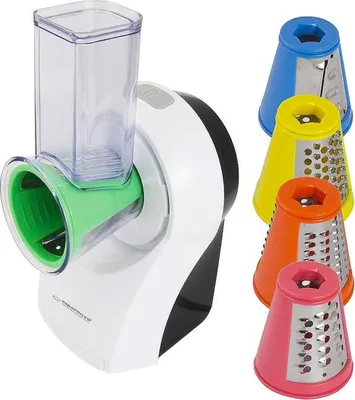 A white electric grater with multiple colored attachments.