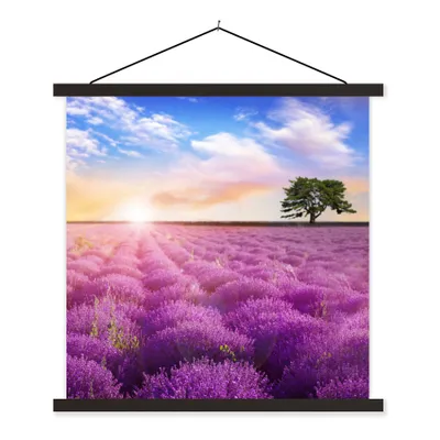Produktbild von MuchoWow® Textilposter Lavendel - Baum - Sonnenuntergang - Lila 60x60 cm mit schwarzem Rahmen - Posteraufhänger