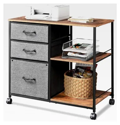 Produktbild von Rollcontainer, Aktenschrank mit 3 Schubladen und 2 offenen Fächern, Büroschrank für Home-Office, Druckerständer, Vintagebraun-Schwarz