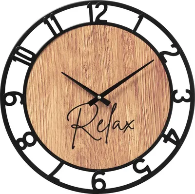 A round wall clock with a wooden face and black numbers and hands.