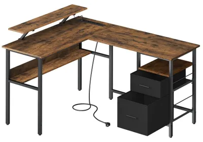 Immagine prodotto di Scrivania angolare a forma di L con presa di corrente integrata e supporto per monitor | Marrone | 150x120x76 cm