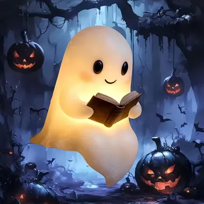 A glowing ghost reading a book in a spooky forest setting with pumpkins and bats.