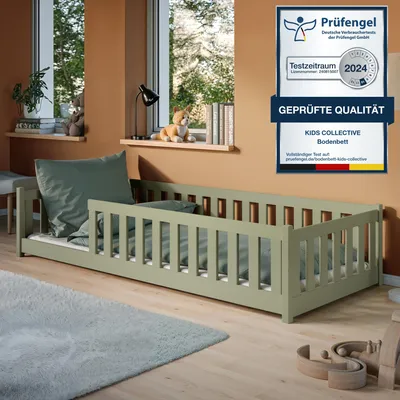 Obrázok produktu pre Detská posteľ na podlahu 80 x 160 cm s ochrannou bočnicou a roštom – posteľ Montessori, detská postieľka, posteľ pre deti a mládež, jednolôžková posteľ | Olivovo zelená, ďalšie rozmery: 80 x 180 | 90 x 190 | 90 x 200 | 120 x 200 | 140 x 200 cm