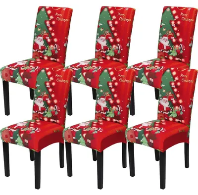 Obrázek produktu pro Vánoční potahy na židle, sada 6 kusů, elastické, vhodné pro jídelní židle, s motivem Santa Clause (Mikuláše), červené barvy s motivem stromku