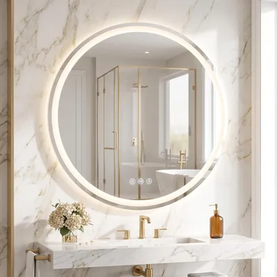 Immagine prodotto di Specchio da bagno a LED, forma rotonda, diametro 76 cm, con funzione di regolazione dell'intensità luminosa, 3 tonalità di luce, antigoccia, resistente agli urti