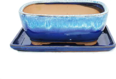 Produktbild von Bonsai-Schale mit Unterteller Gr. 3 Blau-Beige rechteckig Modell GB5 L 21,5cm B 17cm H 8 cm