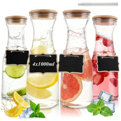 Glaswasserflasche 1000 ml, 4er-Set mit Holzdeckel