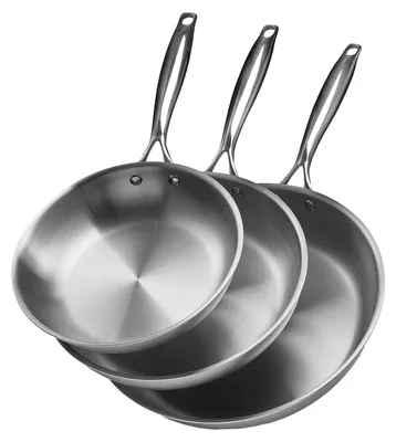 Image de VEVOR Set de 3 poêles à frire (24 / 28 / 32 cm), poêle à frire haute performance en acier inoxydable avec poignée résistante à la chaleur, ustensile de cuisine adapté au gaz électrique à induction Argent